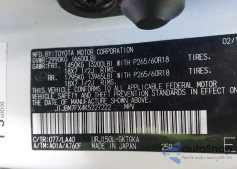 2019 Lexus Gx 460 Premium z USA, uszkodzony, nr VIN JTJBM7FX4K5227222